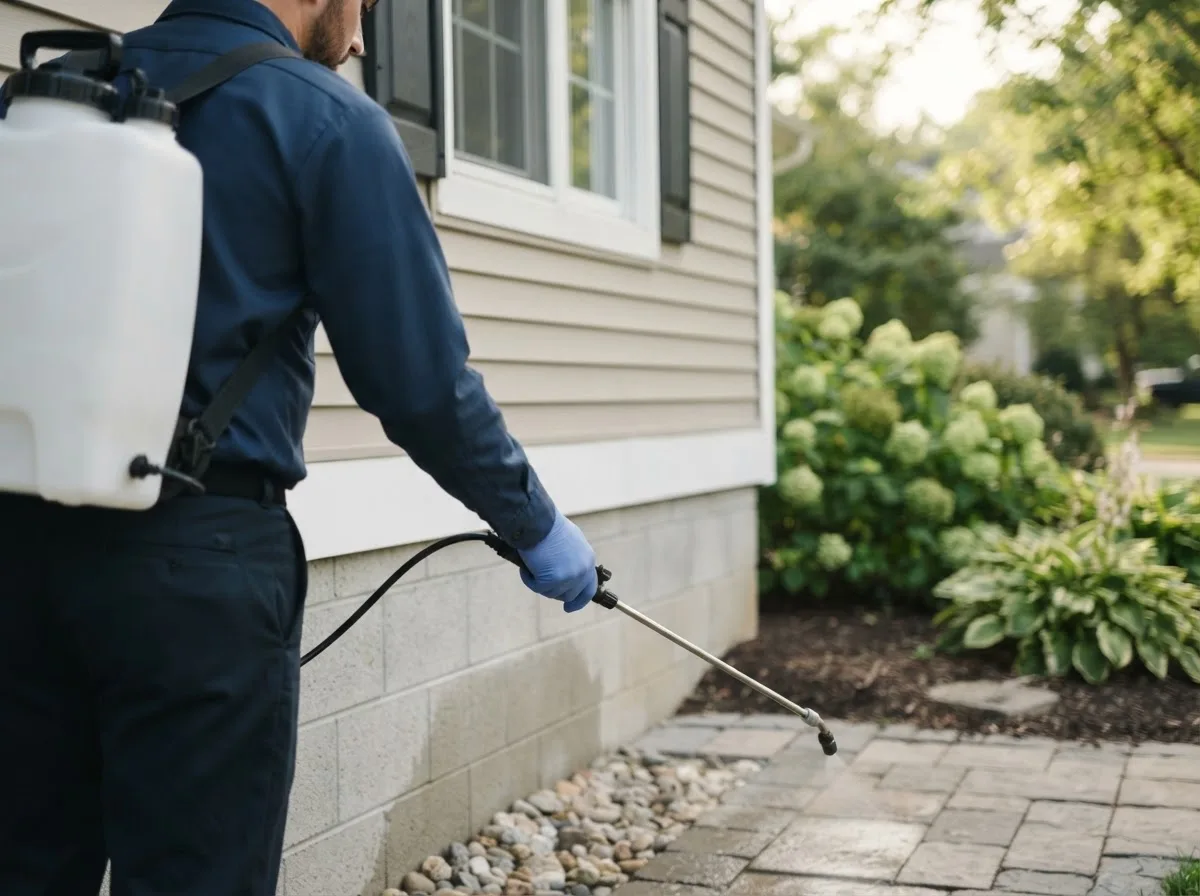 Pest control technician inspecting a home in Larsen Bay, AK